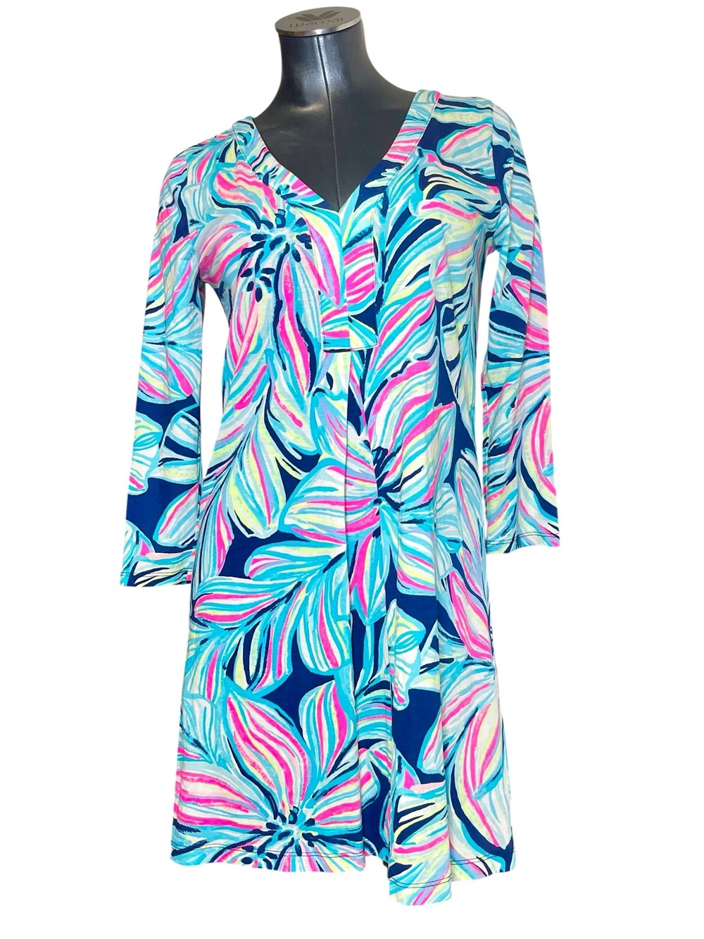 Lilly Pulitzer Long Sleeve T-Shirt Dress Womens Small Blue Tropical Floral Leaf